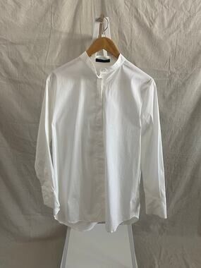 THE ROW White Stretch Cotton Tunic Blouse Size 6 Mandarin Collar Made USA